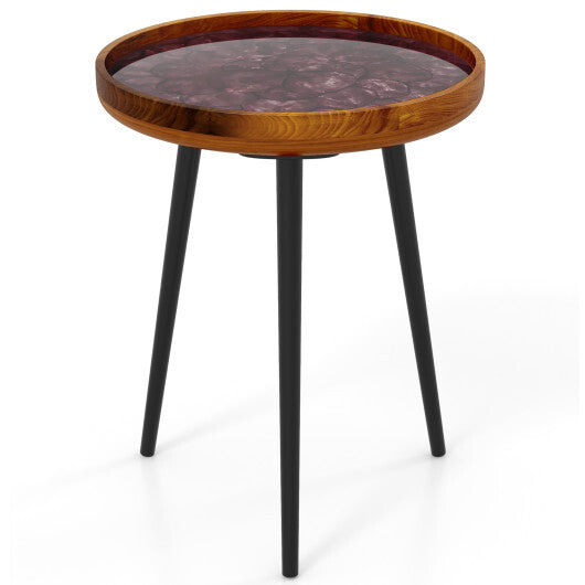 16 Inch Round End Table with Sea Shell Decoration and Epoxy Resin Finish-Brown - Color: Brown - Size: M