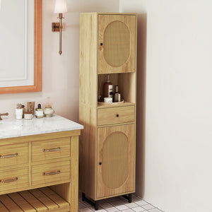 67 Inch Tall Bathroom Cabinet PE Rattan Floor Cabinet with 2 Doors-Natural - Color: Natural