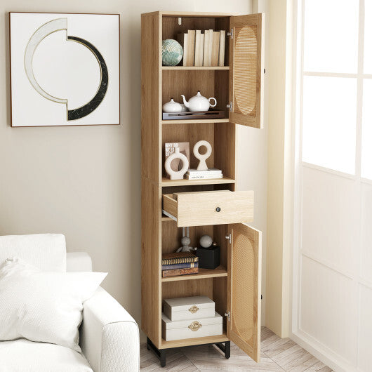67 Inch Tall Bathroom Cabinet PE Rattan Floor Cabinet with 2 Doors-Natural - Color: Natural