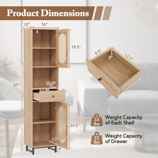 67 Inch Tall Bathroom Cabinet PE Rattan Floor Cabinet with 2 Doors-Natural - Color: Natural