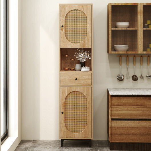67 Inch Tall Bathroom Cabinet PE Rattan Floor Cabinet with 2 Doors-Natural - Color: Natural