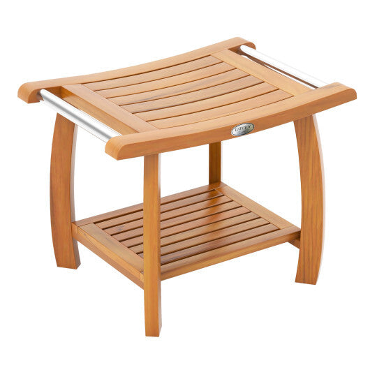 2-Tier Teak Wood Shower Bench Shower Stool with Curved Seat