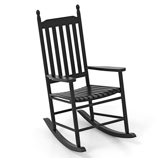 High-Back Acacia Wood Outdoor Rocking Chair with Solid Rocking Base-Black