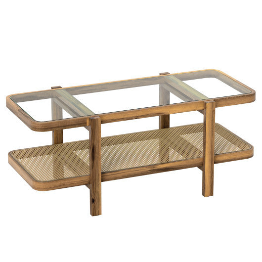 2-Tier Coffee Table with Storage and Tempered Glass Tabletop-Brown