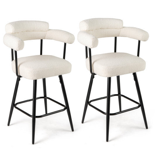 Swivel Bar Stool Set of 2 Counter Height Chairs with Curved Back and Arms-White