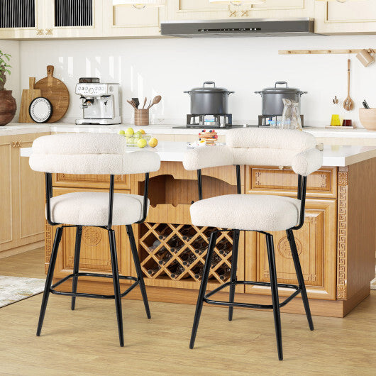 Swivel Bar Stool Set of 2 Counter Height Chairs with Curved Back and Arms-White