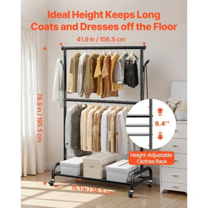 Clothes Rack, Rolling Clothing Garment Rack with Adjustable Crossbar and Side Hooks, 150 lbs Load Capacity, Heavy Duty Carbon Steel Clothing Racks with Wheels for Bedroom, Laundry, Living Room