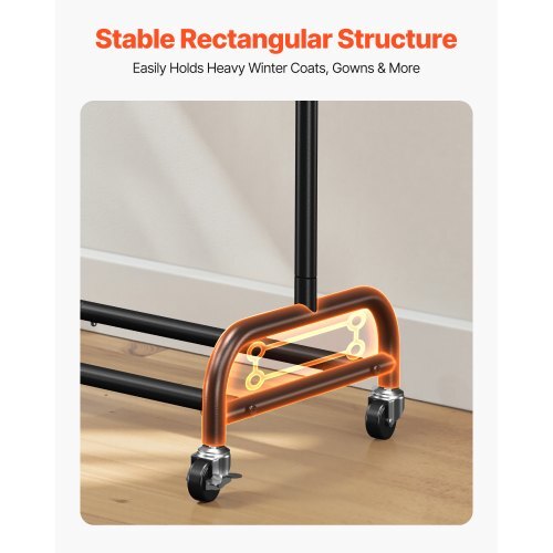 Clothes Rack, Rolling Clothing Garment Rack with Adjustable Crossbar and Side Hooks, 150 lbs Load Capacity, Heavy Duty Carbon Steel Clothing Racks with Wheels for Bedroom, Laundry, Living Room