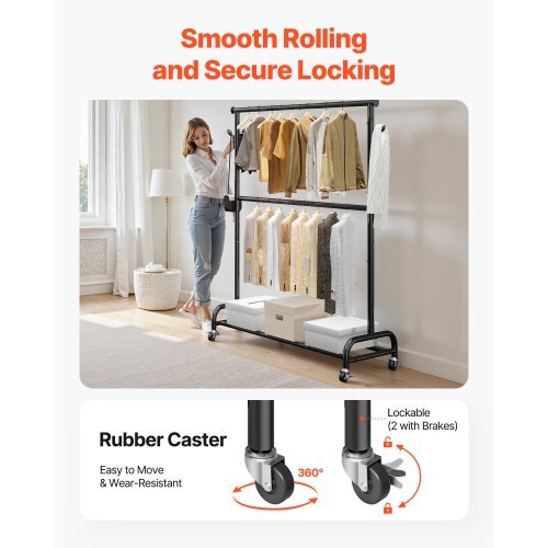 Clothes Rack, Rolling Clothing Garment Rack with Adjustable Crossbar and Side Hooks, 150 lbs Load Capacity, Heavy Duty Carbon Steel Clothing Racks with Wheels for Bedroom, Laundry, Living Room
