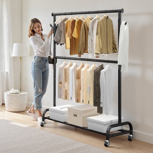 Clothes Rack, Rolling Clothing Garment Rack with Adjustable Crossbar and Side Hooks, 150 lbs Load Capacity, Heavy Duty Carbon Steel Clothing Racks with Wheels for Bedroom, Laundry, Living Room