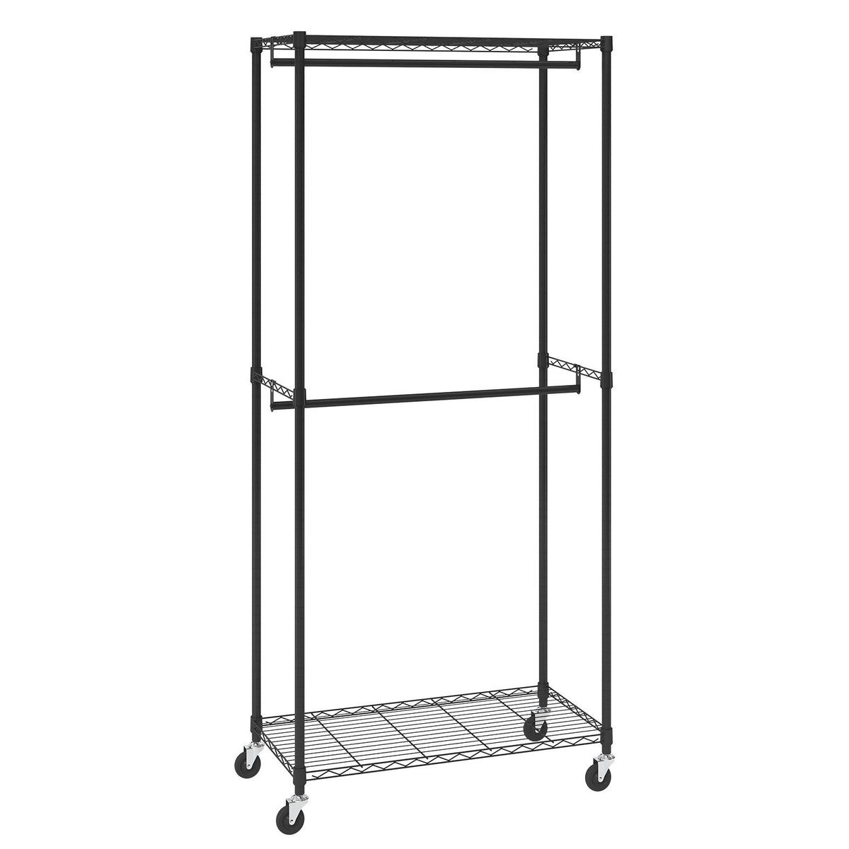 Heavy Duty Clothes Rack, Double Hanging Rods Clothing Garment Rack with Bottom and Top Storage Tier, Rolling Clothing Rack for Hanging Clothes, 1'' Diameter Thicken Steel Tube Hold Up to 300Lbs