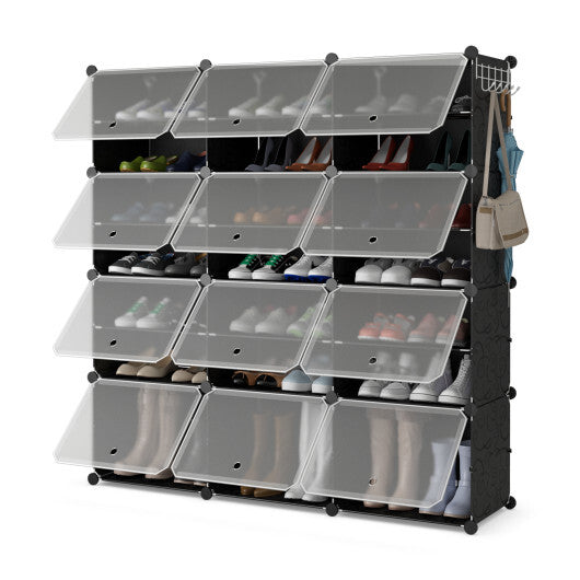 12-Cube 48 Pairs Portable Shoe Shelves with Hook-Black