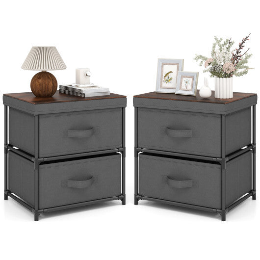 2-Drawer Nightstand with Removable Fabric Bins and Pull Handles Set of 2-Black