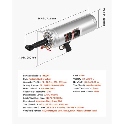 Portable Tire Bead Seater, 2.6 Gal/10 L Air Bead Blaster, Handheld Tire Inflator Tool, 87-116 PSI Operating Pressure, Trigger Seating Inflator for Car, Compact SUV, Light Truck, E-Bike, RV, ATV
