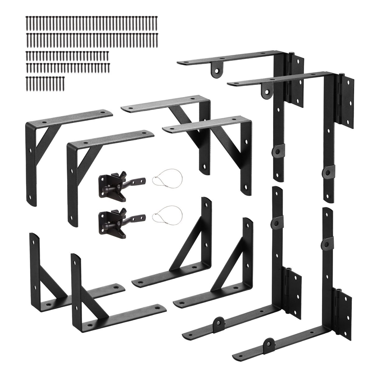 Gate Corner Brace Bracket, 2 Sets, Anti Sag Gate Frame Hardware Kit, Gate Frame Brace Bracket with Latch Lock, Screws, for Shed Doors, Corral Gates, Driveway Gates, Wood Windows, Iron, Black