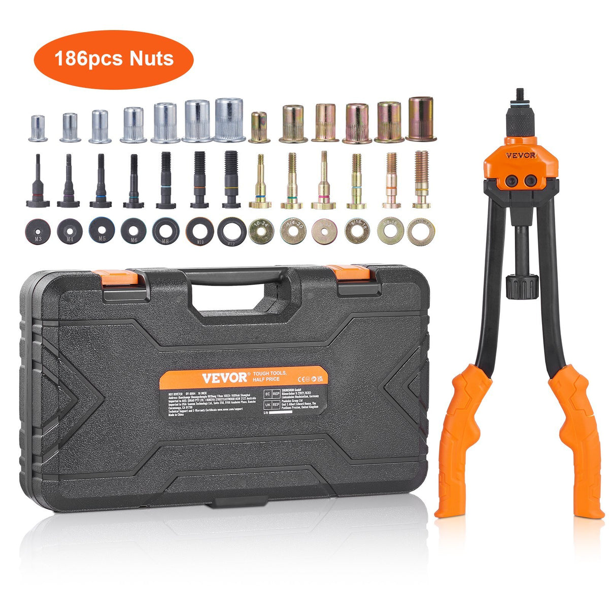 16" Rivet Nut Tool, Labor-Saving Rivnut Tool Kit with 13PCS Metric & SAE Mandrels, 186PCS Rivet Nuts,M3, M4, M5, M6, M8, M10