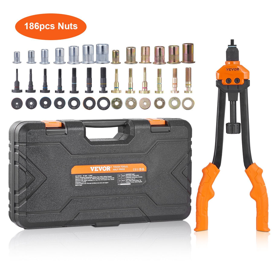 16" Rivet Nut Tool, Labor-Saving Rivnut Tool Kit with 13PCS Metric & SAE Mandrels, 186PCS Rivet Nuts,M3, M4, M5, M6, M8, M10