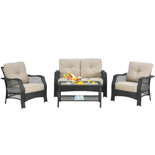 4 Pieces Patio Wicker Furniture Set Loveseat Sofa Coffee Table with Cushion-Beige