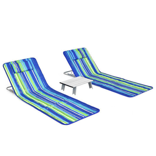 3 Pieces Beach Lounge Chair Mat Set 2 Adjustable Lounge Chairs with Table Stripe-Green