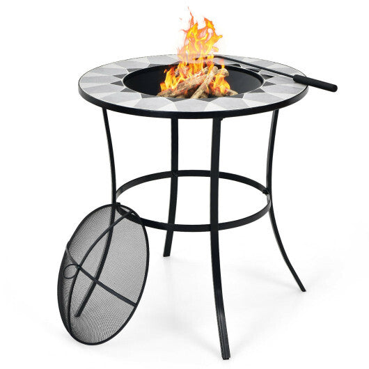 23.5 Inches Round Fire Pit Table with Mesh Cover and Fire Poker