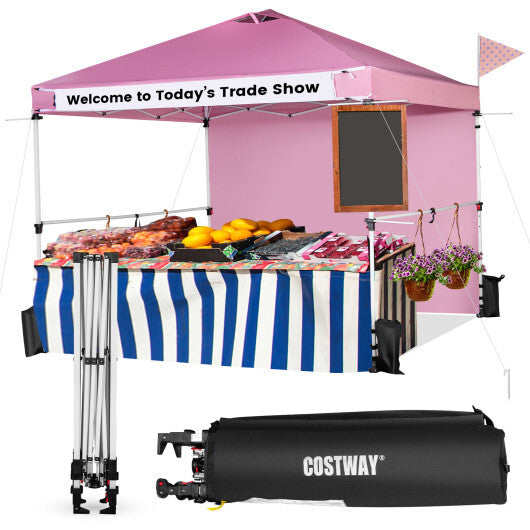 10 x 10 Feet Foldable Commercial Pop-up Canopy with Roller Bag and Banner Strip-Pink