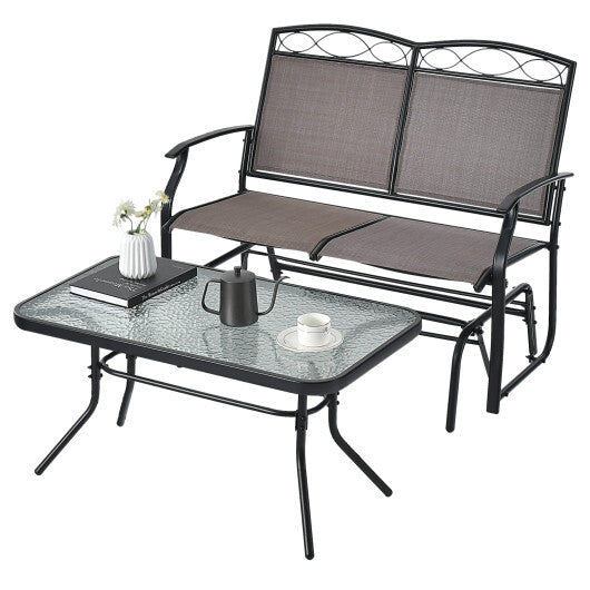 Outdoor Gliding Loveseat Chair with Tempered Glass Coffee Table-2 Pieces