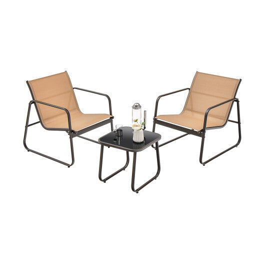 3 Pieces Patio Conversation Set with Breathable Fabric and Tabletop-Brown