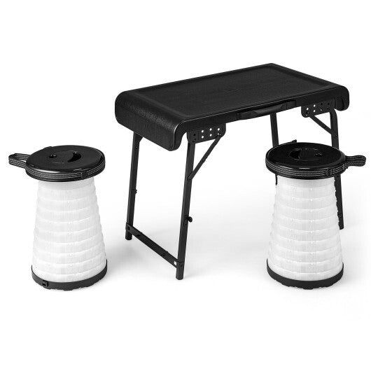 3 Pieces Folding Camping Table Stool Set with 2 Retractable LED Stools-Black