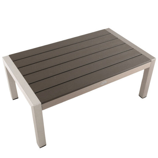 Modern Rectangular Patio Coffee Table with Plastic Wood Tabletop and Rustproof Aluminum Frame-Gray