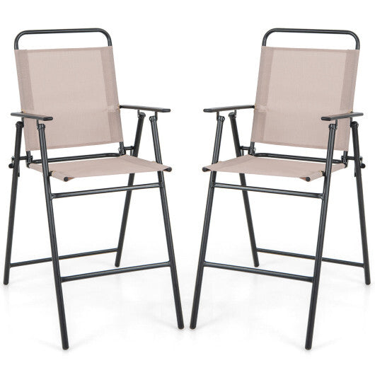 Set of 2 Patio Folding Bar-Height Chairs with Armrests and Quick-Drying Seat-Beige