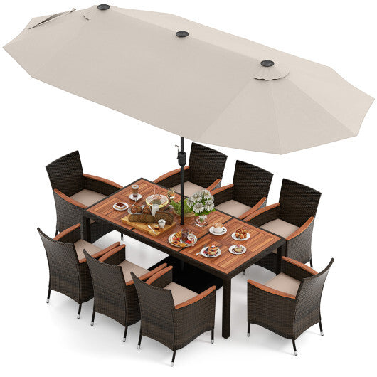 11 Pieces Patio Dining Set with 15 Feet Double-Sided Patio Umbrella and Base-Coffee