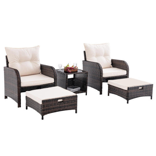 5 Piece Patio Conversation Set Outdoor Rattan Sofa Set with Coffee Table-Beige