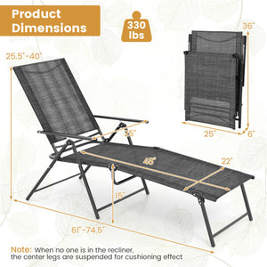 2 Piece Patio Folding Chaise Lounge Chairs Recliner with 6-Level Backrest-Gray - Color: Gray