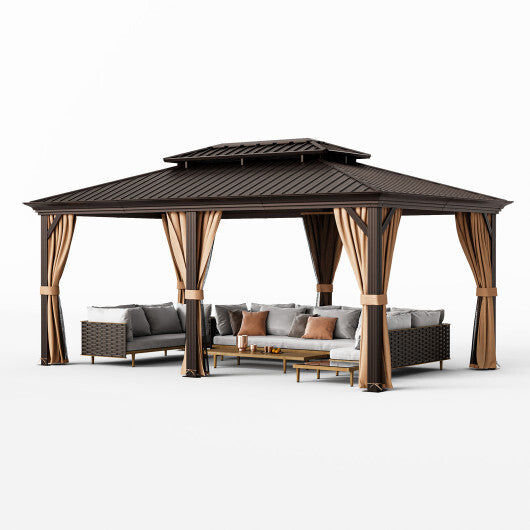 12' x 20' Double-Roof Hardtop Gazebo with Galvanized Steel Roof-Coffee