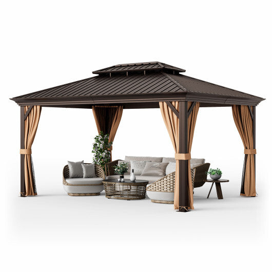 12' x 16' Double-Roof Hardtop Gazebo with Galvanized Steel Roof-Coffee