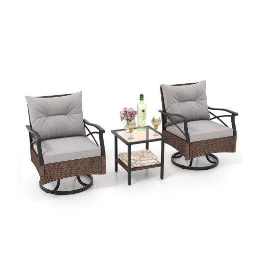 3 Pieces Outdoor Swivel Rocking Chairs Set with 2-Tier Tempered Glass Side Table-Brown