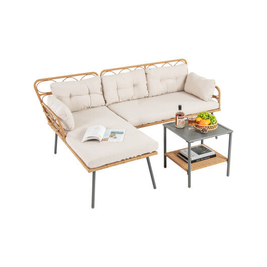 3 Pieces Corner Patio Furniture with Small Coffee Table-Beige