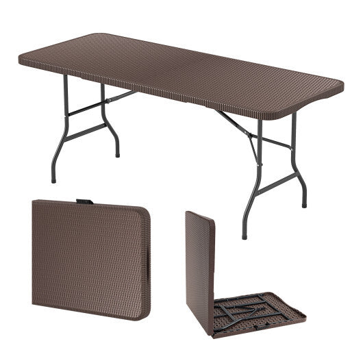 6 ft Portable Folding Table with Rattan-Like HDPE Tabletop and Safe Lock Mechanism-Brown