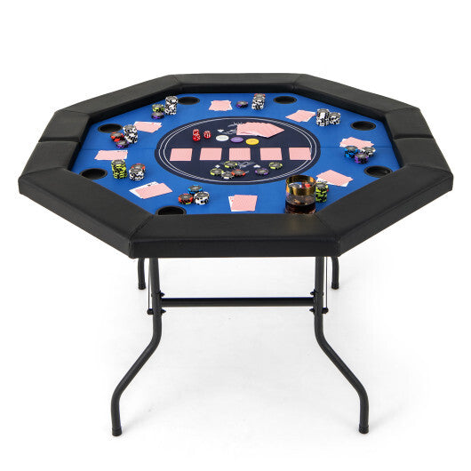 48 Inches Foldable Poker Table with Padded Rails and Cup Holders-Blue