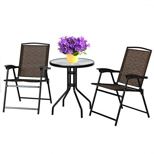 3 Pieces Bistro Patio Garden Furniture Set with Round Table and Folding Chairs