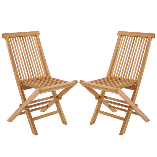 Set of 2 Indonesia Teak Patio Folding Chairs with High Back and Slatted Seat