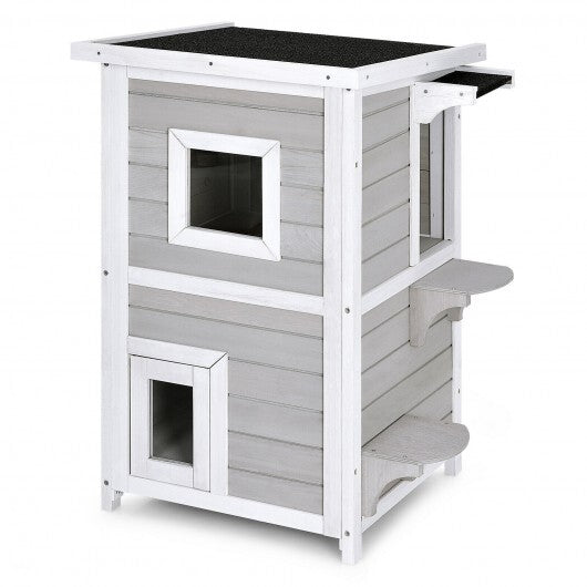 2-Story Wooden Cat House with Escape Door Rainproof