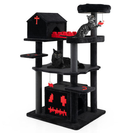 Gothic Cat Tree 49 Inch Tall Cat Tower 6-Tier Cat Activity Center with Coffin Bed-Black