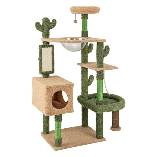 59 Inch Multilevel Cactus Cat Tree with Scratching Posts Cando Toy and Rope-Green