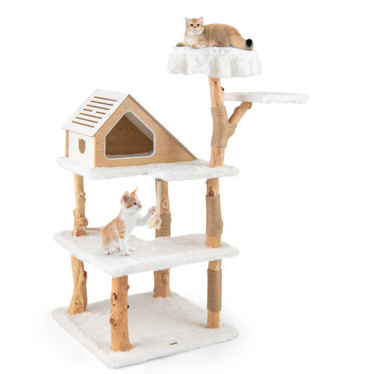 60 Inch Tall Solid Wood Cat Tree Modern Wooden Cat Tower with 2 Perches-White