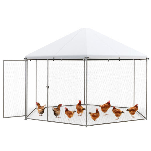 13FT Large Metal Hexagonal Chicken Coop with Wire Mesh and Lockable Door