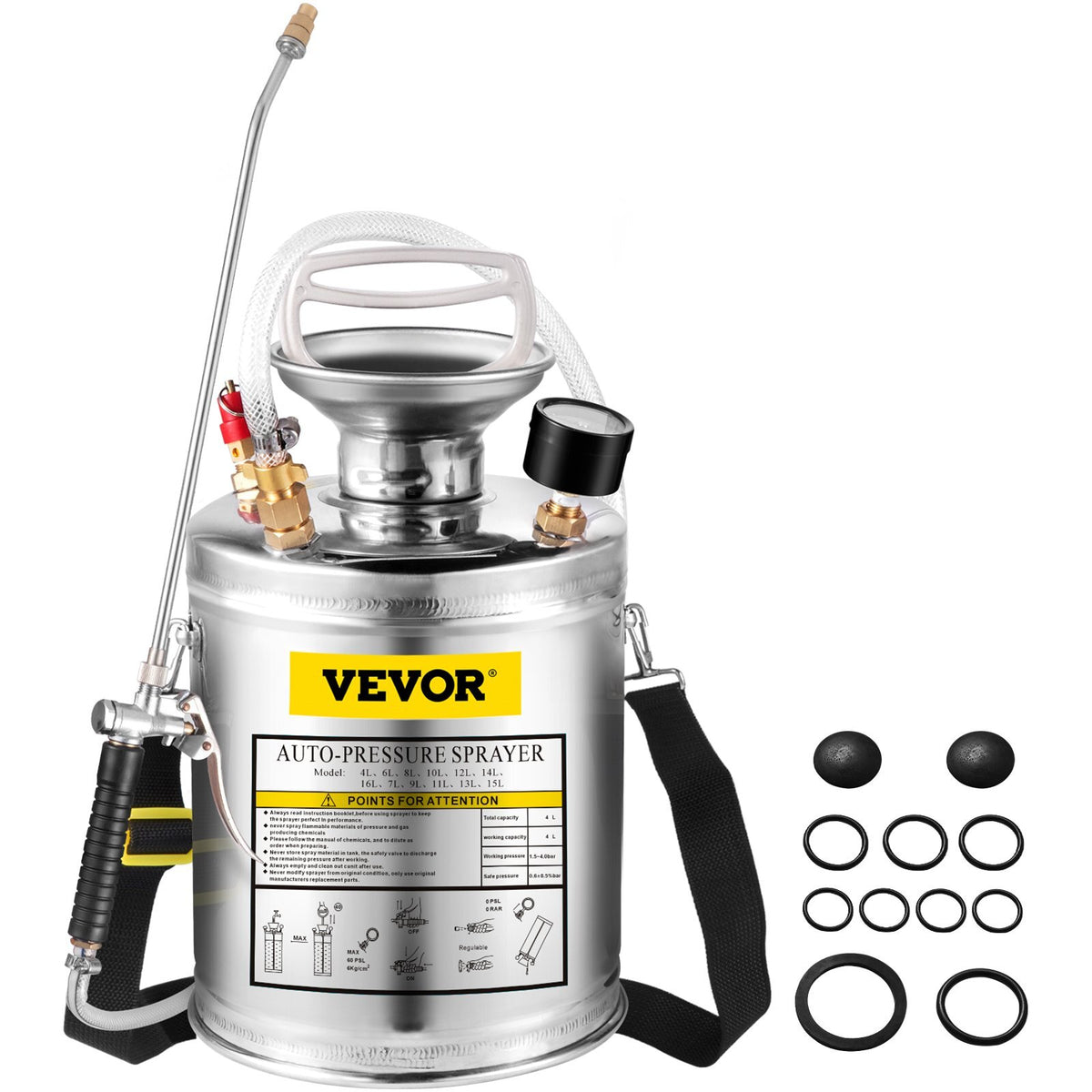 1 Gallon Stainless Steel Sprayer, 12" Wand & 3FT Reinforced Hose, Hand Pump Sprayer with Pressure Gauge, Safety Valve &
