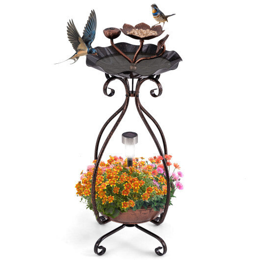 Solar Outdoor Bird Bath Feeder Combo with Flower Planter Pedestal and Solar Lights-Copper