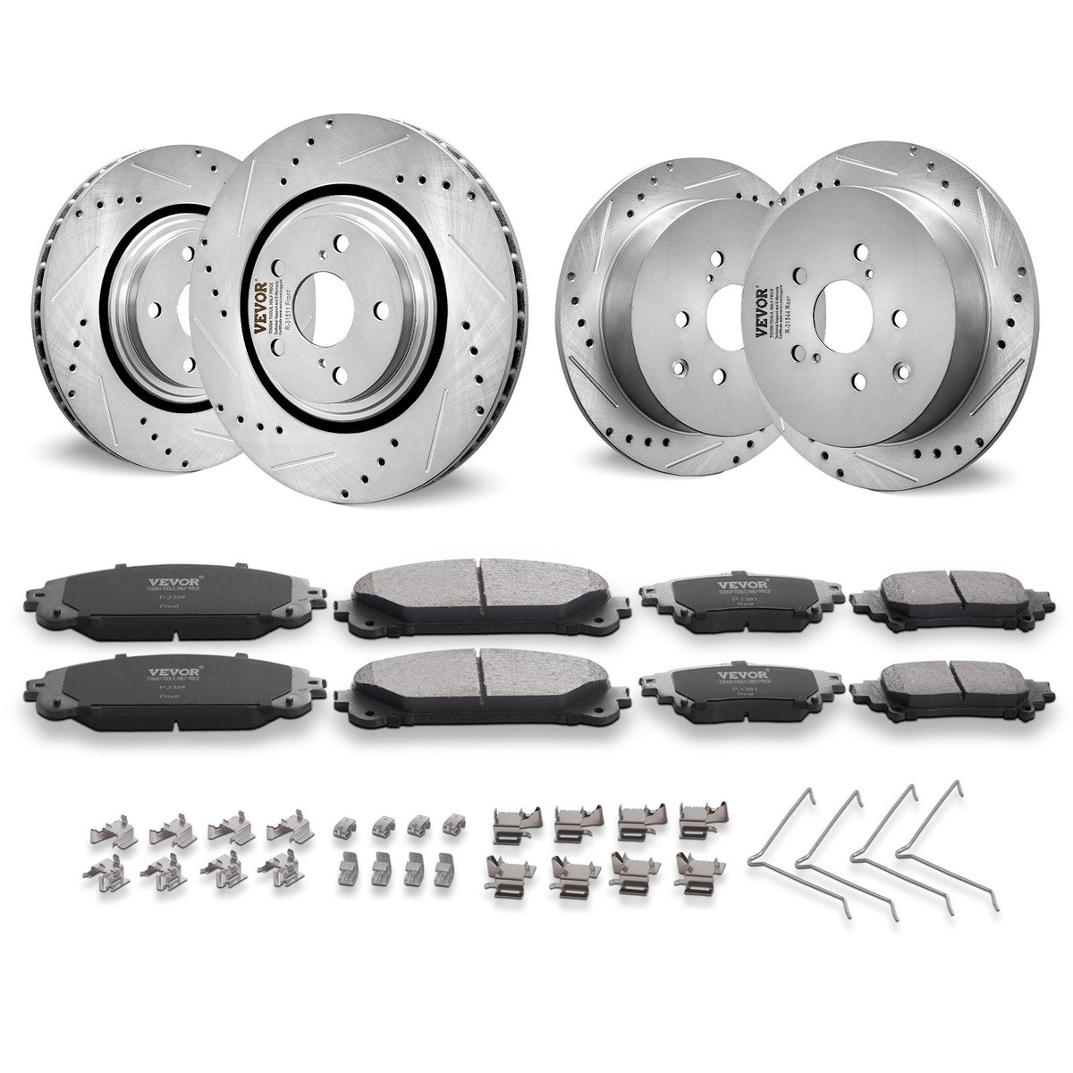 Front and Rear Brake Kit Compatible with Toyota Sienna, Highlander, Lexus RX350, RX450h, Drilled and Slotted Brake Rotors Ceramic Brake Pads Replacement, 12.9" Front Rotors 12.2" Rear Rotors