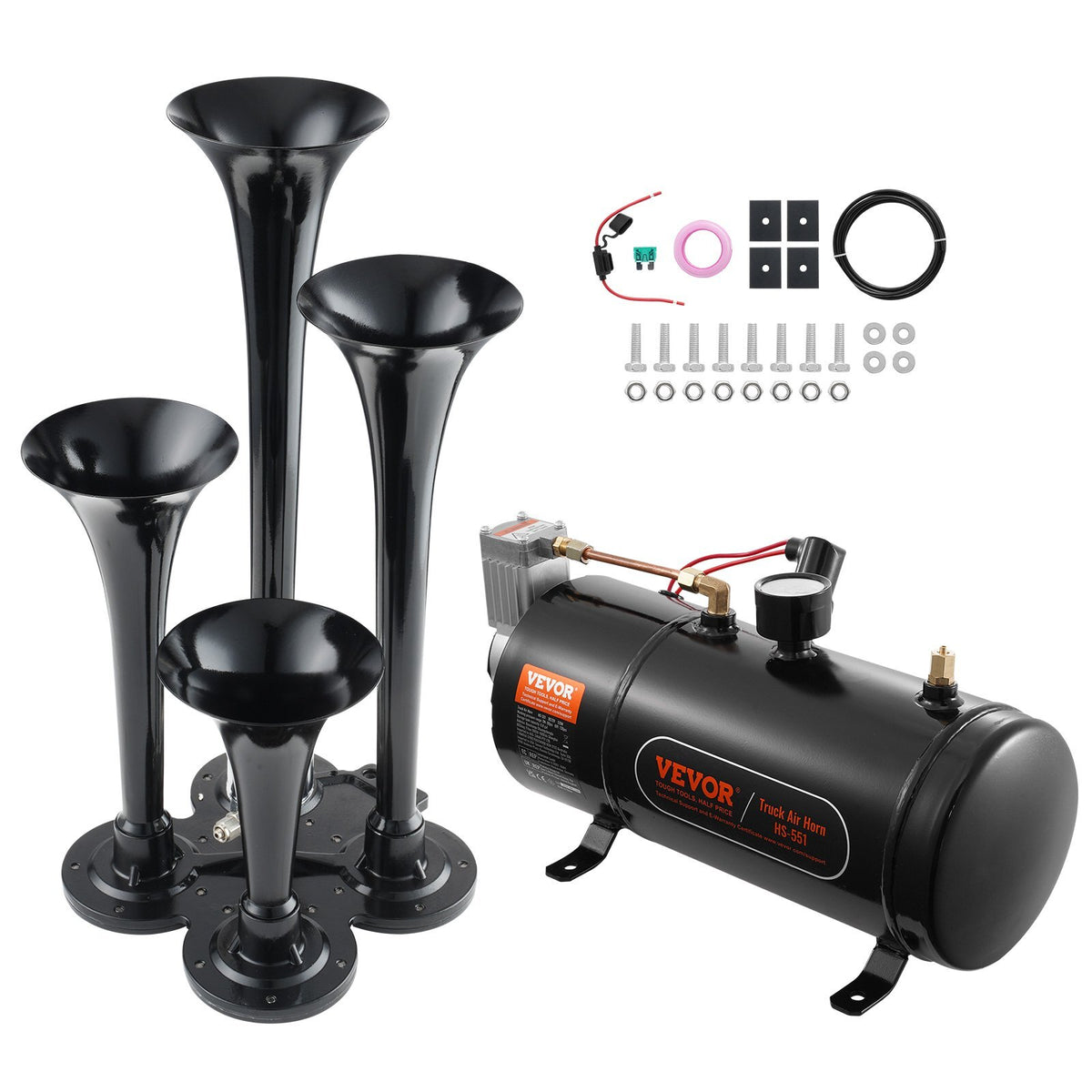 Train Horns Kit, 4 Trumpet Air Horn Kit, 150dB Train Horns for Pickup Trucks, 12V 120 psi Air Compressor 0.8 Gal/3 L Tank with Gauge for Any 12V Vehicle Car Truck Train Van Boat